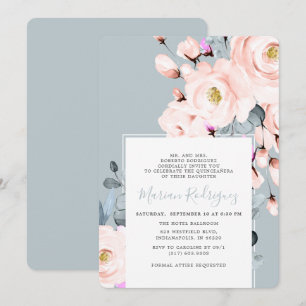 Unieke Blush & Blue Waterverf Floral Quinceañera Kaart