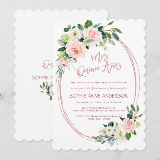 Unieke Blush Cream Flowers Roos Gold Quinceañera Kaart (Voorkant / Achterkant)