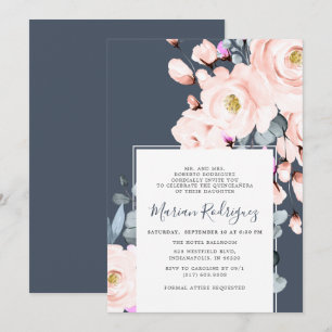 Unieke Blush & Navy Waterverf Bloemstuk Quinceañer Kaart