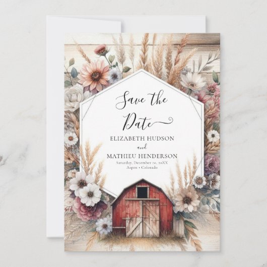Unieke Boho Barnyard bruiloft Save The Date (Voorkant)
