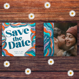 Unieke Bold Boho Groovy Retro Blauwe Golvende Foto Save The Date