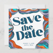 Unieke Bold Boho Groovy Retro Blue Wavy Foto Save The Date (Voorkant)
