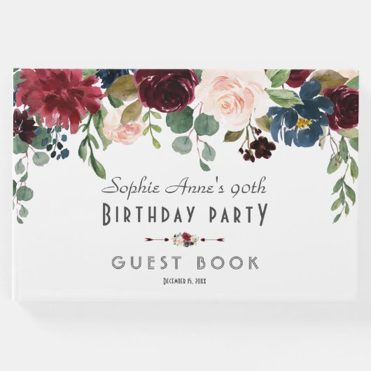 Unieke bordeauxrood marineblauwe bloemige bruiloft gastenboek (Voorkant)