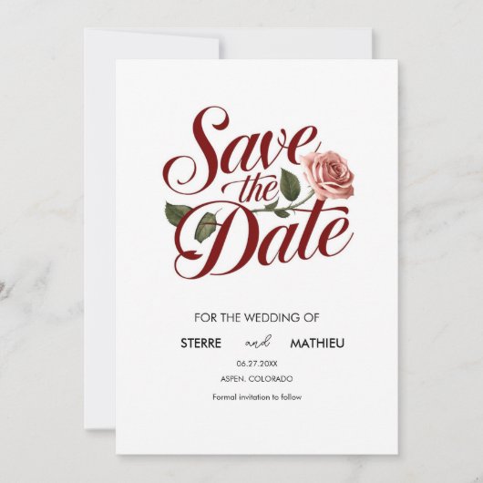 Unieke botanische rode roos bruiloft save the date (Voorkant)