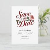 Unieke botanische rode roos bruiloft save the date (Staand voorkant)