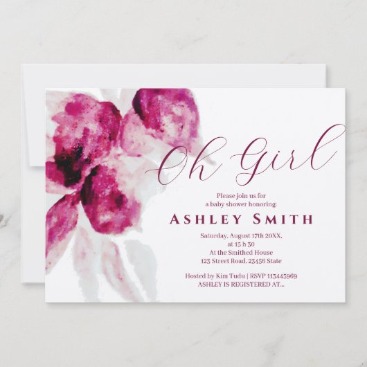 Unieke Bourgogne Waterverf Floral Baby Girl Shower Kaart (Voorkant)