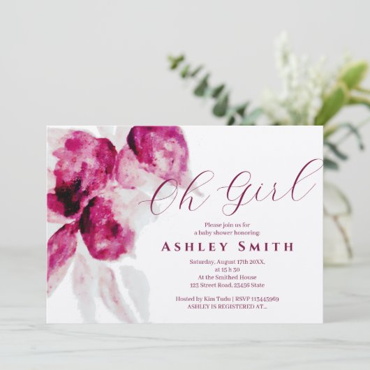 Unieke Bourgogne Waterverf Floral Baby Girl Shower Kaart (Staand voorkant)