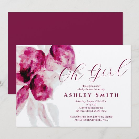 Unieke Bourgogne Waterverf Floral Baby Girl Shower Kaart (Voorkant / Achterkant)