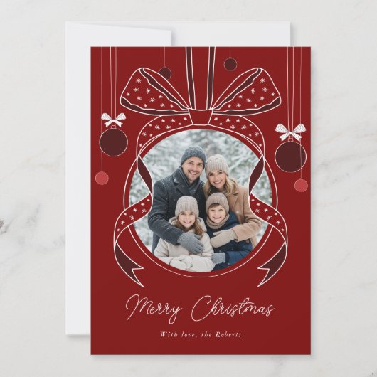 Unieke Bow Kerst Ornament Bal Rood Een Foto Feestdagenkaart (Voorkant)