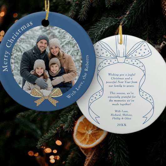 Unieke Bow Kerstbal Blauwe Foto Keramisch Ornament