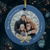 Unieke Bow Kerstbal Blauwe Foto Keramisch Ornament