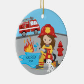 Unieke brandweerman, bruinhaarmeisje, Kerstmis Keramisch Ornament (Rechts)