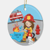 Unieke brandweerman, bruinhaarmeisje, Kerstmis Keramisch Ornament (Links)
