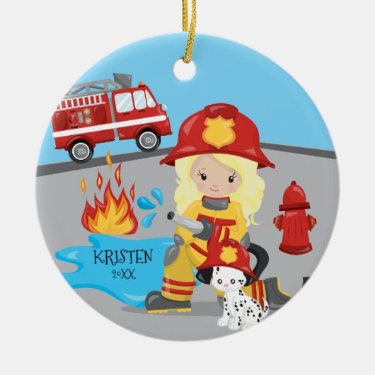 Unieke brandweerman met kerstmis keramisch ornament (Voorkant)