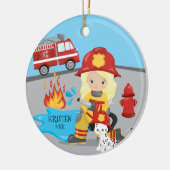 Unieke brandweerman met kerstmis keramisch ornament (Links)