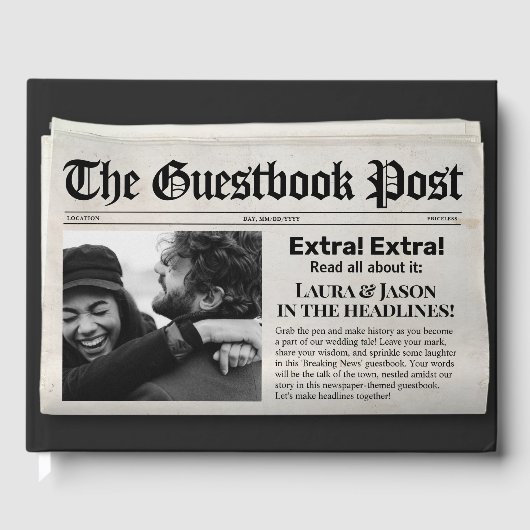 Unieke bruiloft gastenboek zwart krantenstijl (Voorkant)
