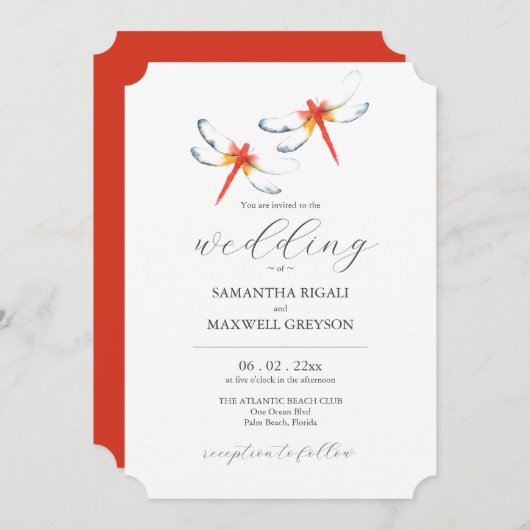 Unieke bruiloft uitnodiging rode libellen (Voorkant / Achterkant)