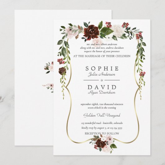 Unieke Burgundy Crème Bloem Goud Bruiloft Kaart (Voorkant / Achterkant)