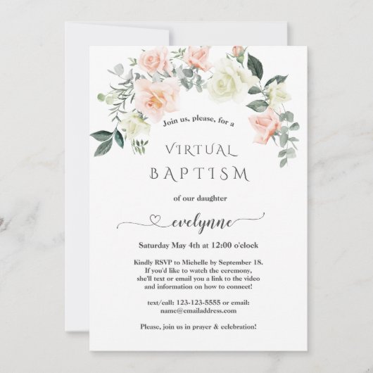 Unieke Calligrafie Roze Flowers Virtuele Baptisme Kaart (Voorkant)