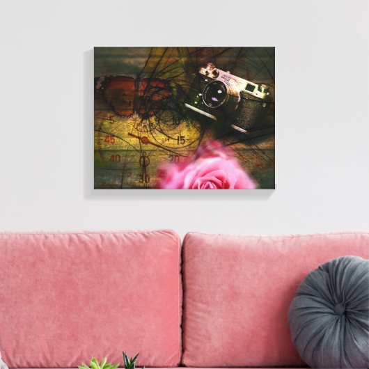 Unieke  camera, klok en bloem canvas afdruk (Insitu (Woonkamer))
