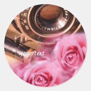 Unieke  camera met roze rozen ronde sticker