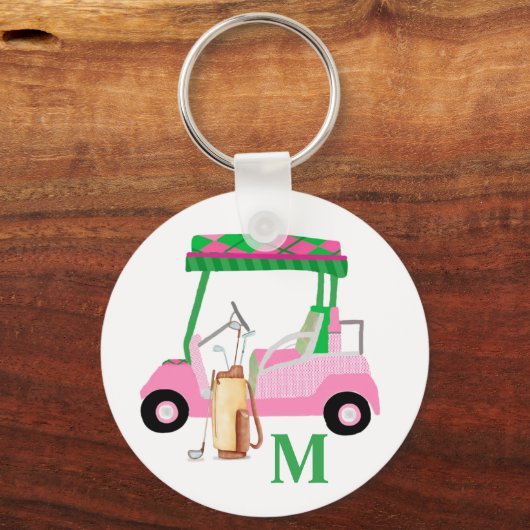 Unieke Charming Golf Cart met Clubs Monogram Sleutelhanger (Voorkant)