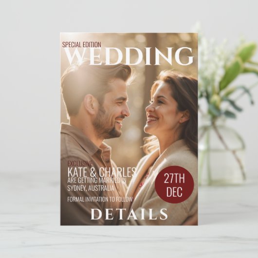 Unieke Custom Magazine Stijl bruiloft details Kaart (Staand voorkant)