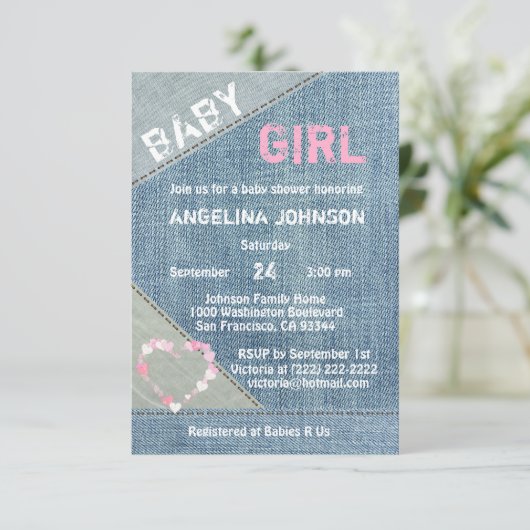 UNIEKE Denim Girls Baby Douche Uitnodigingen (Staand voorkant)