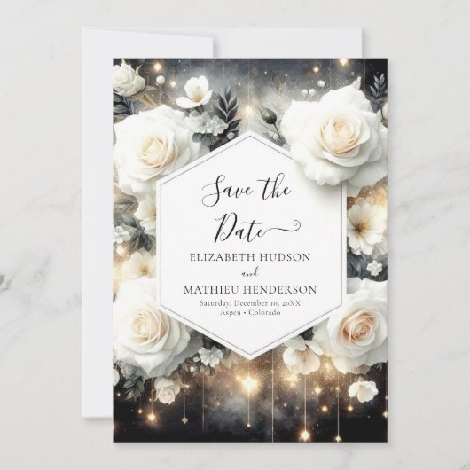Unieke digitale witte rozen bruiloft save the date (Voorkant)