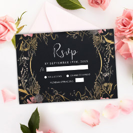 Unieke donkere gotische zwarte bloemenbruiloft RSVP kaartje