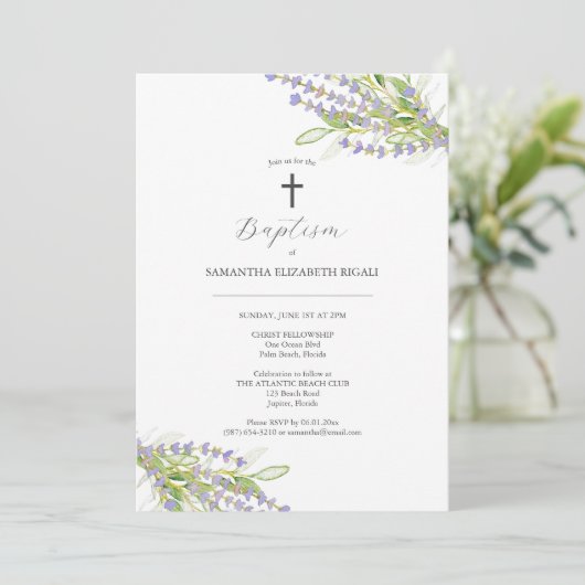 Unieke doop uitnodigingen Lavendel bloemen (Staand voorkant)