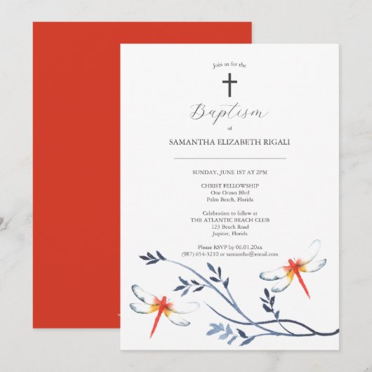 Unieke doop uitnodigingen rode libel (Voorkant / Achterkant)