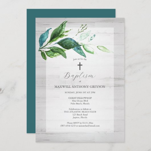 Unieke doop uitnodigingen rustiek groen (Voorkant / Achterkant)