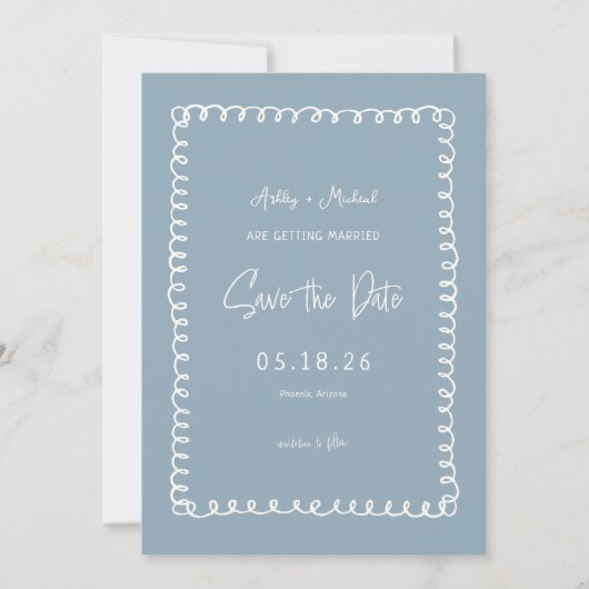 Unieke Dusty Blue French Fun Wedding Save The Date (Voorkant)