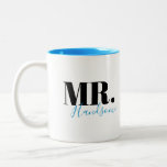 Unieke, eenvoudige gepersonaliseerde Mr. Handsome  Tweekleurige Koffiemok<br><div class="desc">Elegant modern minimalistisch typografie Mr. knap design in zwart-blauw,  eenvoudig en uniek. Geweldige groomgeschenken en pas gehuwde geschenken of verjaardagsgeschenken.
Zie de prachtige mokken van mevrouw in collectie. 
Pas de mok en tekstkleur aan met uw keuze.</div>