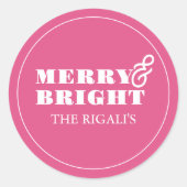 Unieke Eenvoudige Roze Merry & Bright Lettertype Ronde Sticker (Voorkant)