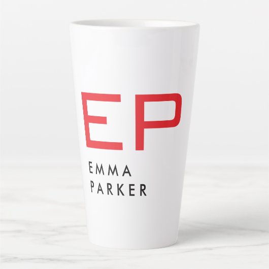 Unieke Eigen Naam Zwart Wit Trendy Rood Monogram Latte Mok (Voorkant)
