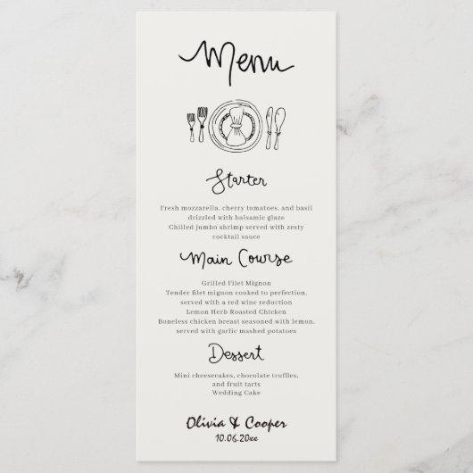 Unieke eigenzinnige hand getrokken retro bruiloft menu (Voorkant)