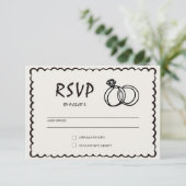 Unieke eigenzinnige hand getrokken retro bruiloft RSVP kaartje (Staand voorkant)