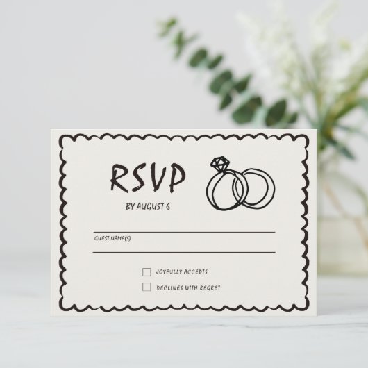 Unieke eigenzinnige hand getrokken retro bruiloft RSVP kaartje (Staand voorkant)