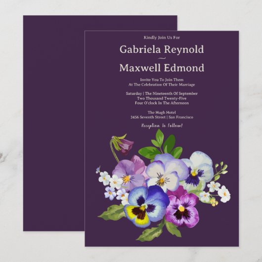 Unieke Elegante Aquarel Pansy Bruiloft Kaart (Voorkant / Achterkant)