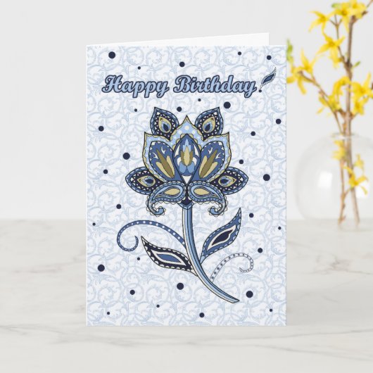 Unieke Elegante Custom Floral Paisley Blue Verjaar Kaart (Gele Bloem)