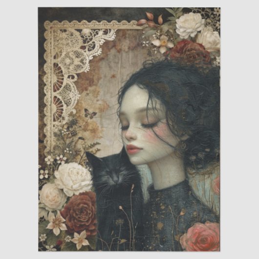 Unieke Elegante Meisje & Zwarte Kat Bloementuin Tissuepapier (Voorkant)