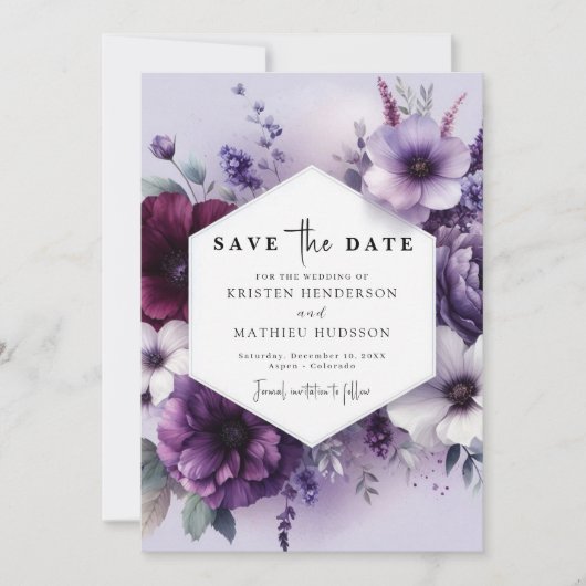 Unieke Elegante Paarse Bloemen Huwelijk Save The Date (Voorkant)
