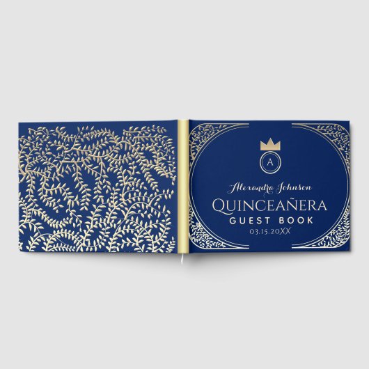 Unieke Elegante Quinceanera Royal Blue Gold Floral Gastenboek (Volledig)