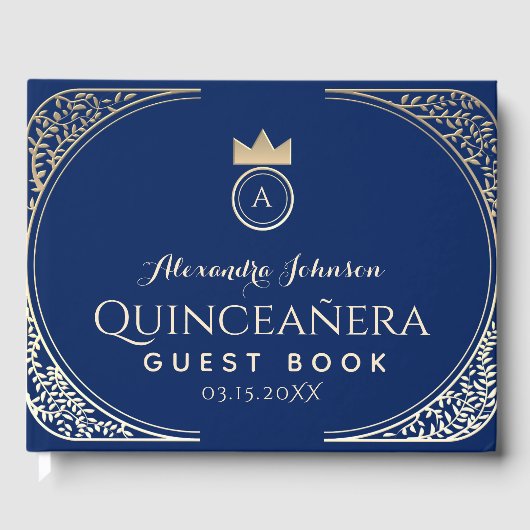 Unieke Elegante Quinceanera Royal Blue Gold Floral Gastenboek (Voorkant)