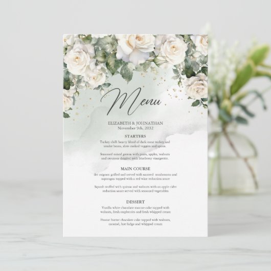 Unieke elegante witte rozen bloementuin groen menu (Staand voorkant)