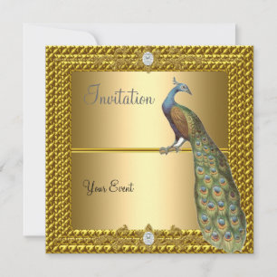Unieke en elegante gouden en pauw uitnodiging