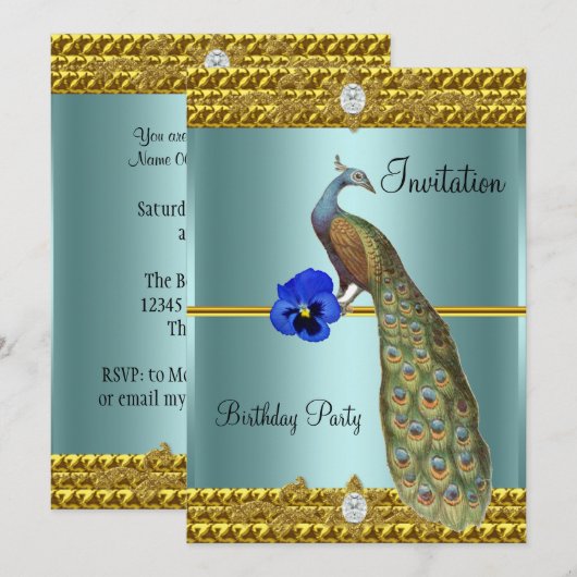 Unieke en elegante gouden en pauw uitnodiging (Voorkant / Achterkant)