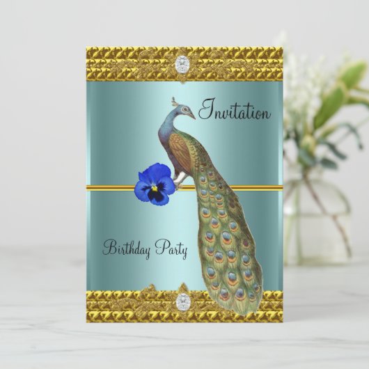 Unieke en Elegante Gouden Pauw Uitnodiging (Staand voorkant)